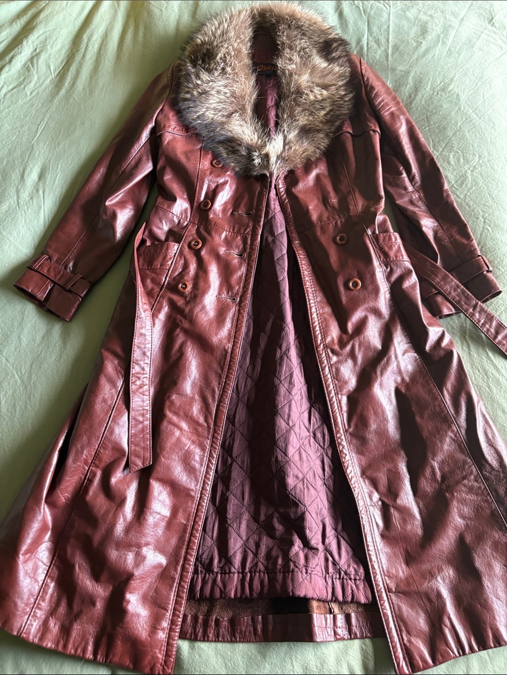Vintage Women’s Real Fur Collar Leather Trench Coat - Burgundy
